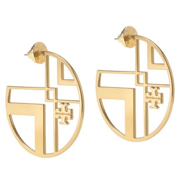 TORY BURCH GOLD GEOMETRY LOGO HOOPS EARRINGS - Picture 1 of 5